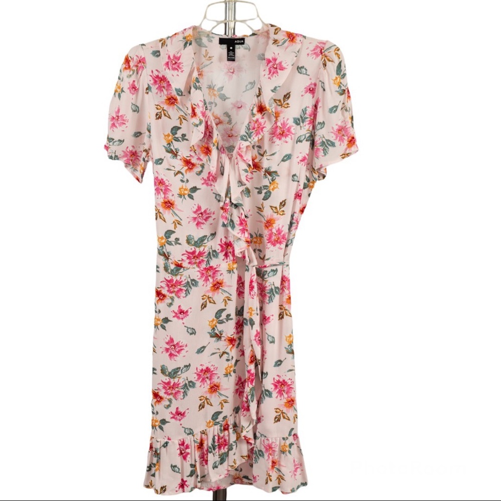 Aqua floral printed ruffled wrap mini dress